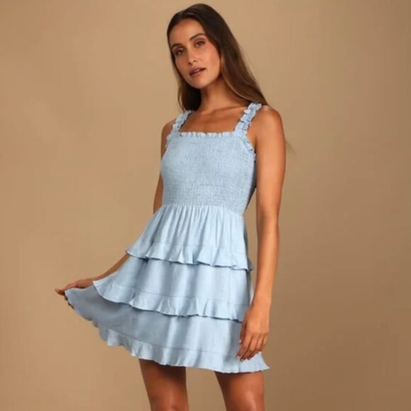 Super Sweet Light Blue Smocked RuffledTie-Back Mini Dress XS - Picture 12 of 12